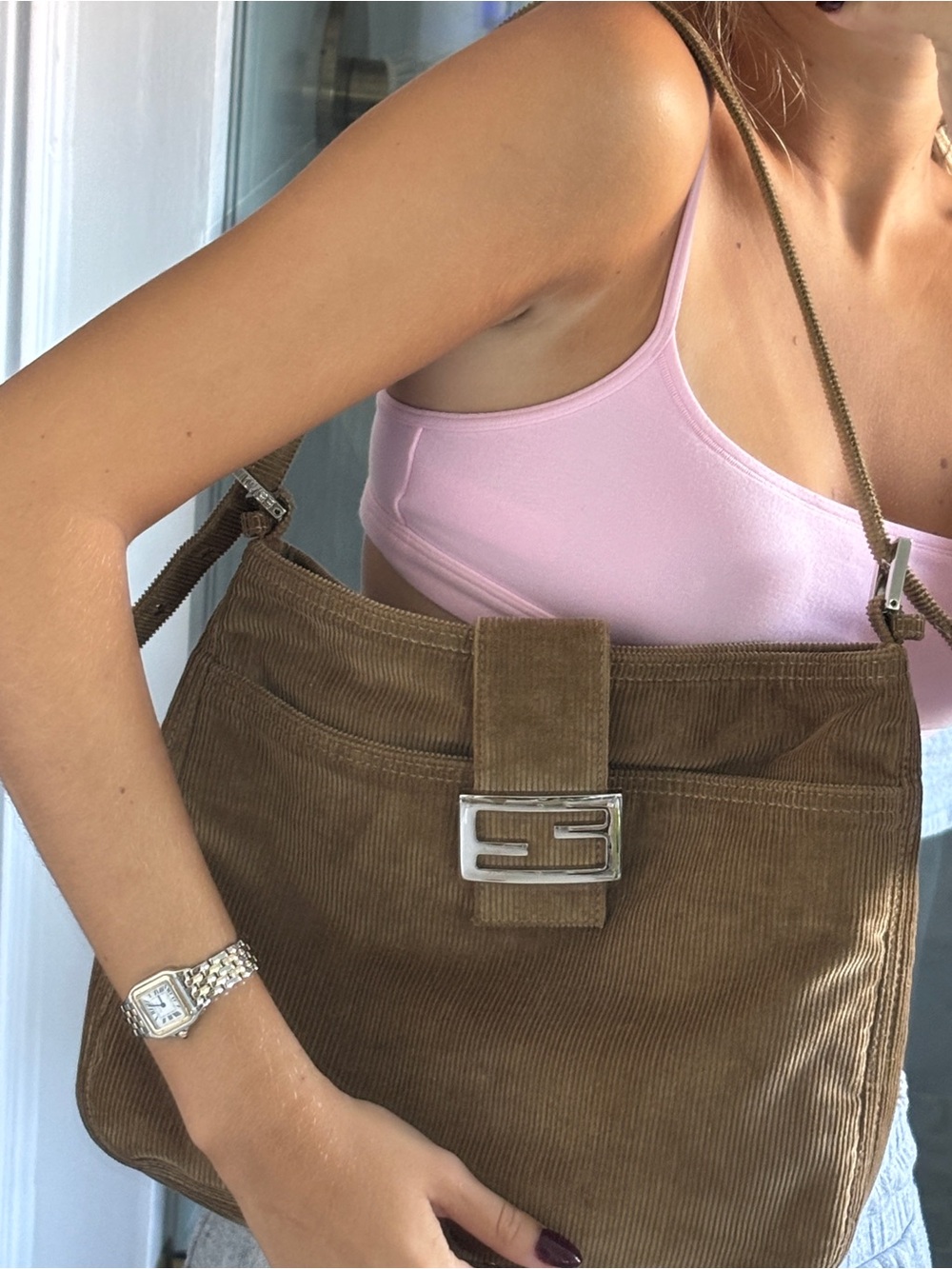 Vintage Fendi Brown Corduroy Shoulder Baguette